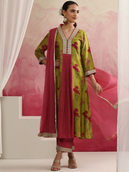 Women Green Floral Printed Sequinned Anarkali Kurta with Palazzos & Dupatta Set (Copy) VitansEthnics