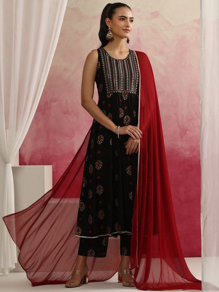 Women Floral Embroidered Anarkali Kurta with Trousers & Dupatta Set VitansEthnics