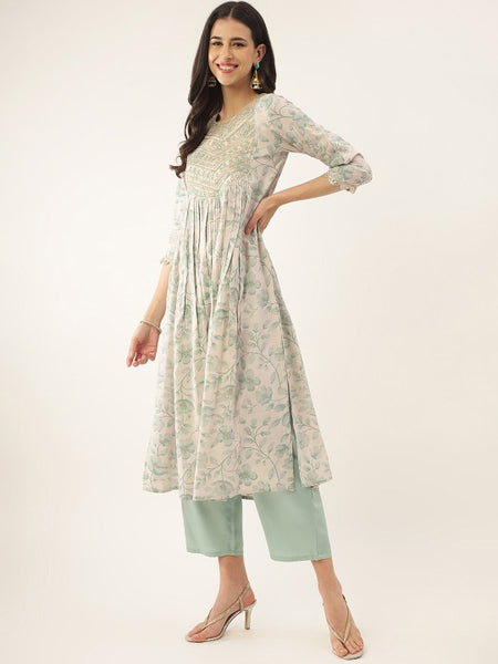 Women Green Floral Printed Thread Work Sequined Kurta with Palazzos & Dupatta Set VitansEthnics