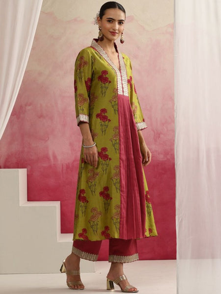 Women Green Floral Printed Sequinned Anarkali Kurta with Palazzos & Dupatta Set VitansEthnics