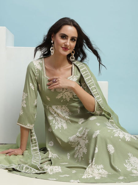 Green Floral Printed Sequinned Sweetheart Neck Anarkali Kurta With Palazzo & Dupatta (Copy) VitansEthnics