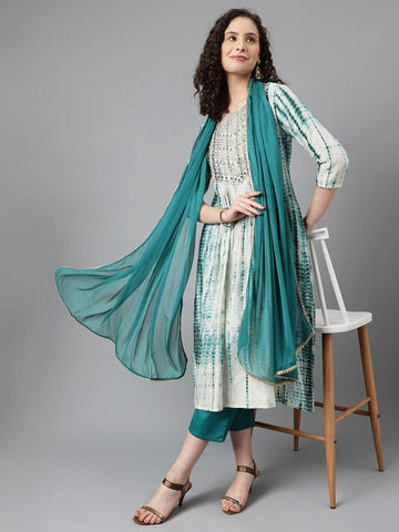 Women Tie Dyed Regular Gotta Patti A-Line Kurta With Trousers & Dupatta Set VitansEthnics