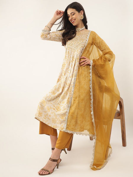 Women Yellow Floral Printed Thread Work Sequined Kurta with Palazzos & Dupatta Set VitansEthnics