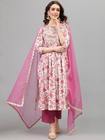 Women Pink Floral Printed Thread Work Sequined Kurta with Palazzos & Dupatta Set (Copy) VitansEthnics