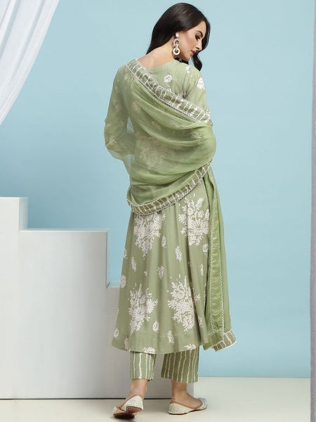 Green Floral Printed Sequinned Sweetheart Neck Anarkali Kurta With Palazzo & Dupatta (Copy) VitansEthnics