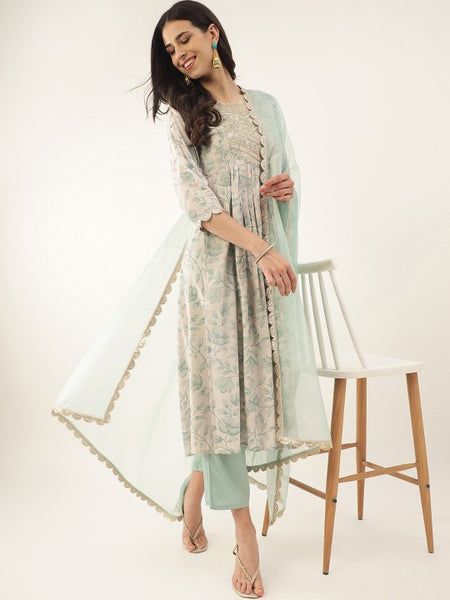 Women Green Floral Printed Thread Work Sequined Kurta with Palazzos & Dupatta Set VitansEthnics