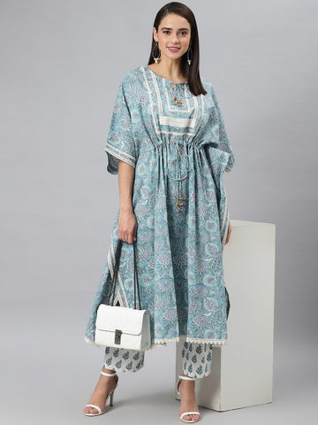 Women Blue Ethnic Motifs Printed Gotta Patti Pure Cotton Kurta with Palazzos VitansEthnics