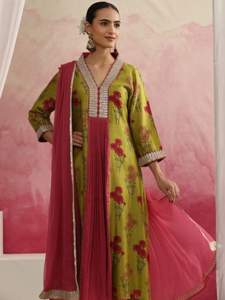 Women Green Floral Printed Sequinned Anarkali Kurta with Palazzos & Dupatta Set VitansEthnics