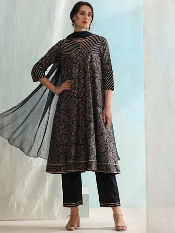 Floral Printed Keyhole Neck Pure Cotton A-Line Kurta with Trousers & Dupatta Set (Copy) VitansEthnics