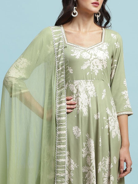 Green Floral Printed Sequinned Sweetheart Neck Anarkali Kurta With Palazzo & Dupatta (Copy) VitansEthnics