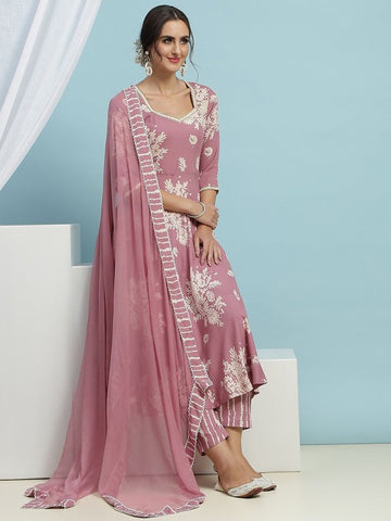 Floral Printed Sequinned Sweetheart Neck Anarkali Kurta With Palazzo & Dupatta VitansEthnics