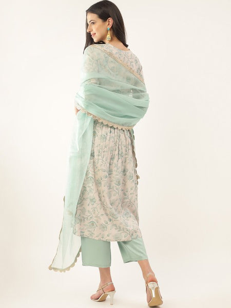 Women Green Floral Printed Thread Work Sequined Kurta with Palazzos & Dupatta Set VitansEthnics