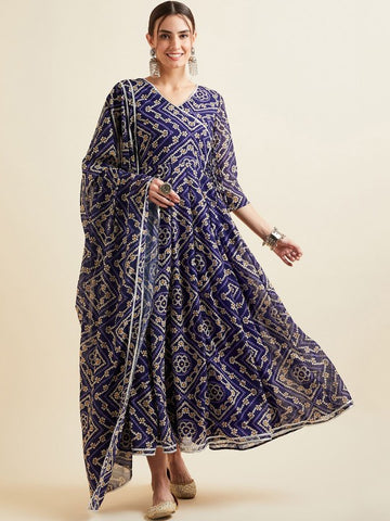 Blue Bandhani Printed V-Neck Anarkali Ethnic Maxi Dress With Dupatta VitansEthnics
