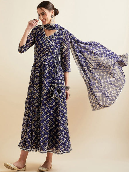 Blue Bandhani Printed V-Neck Anarkali Ethnic Maxi Dress With Dupatta VitansEthnics