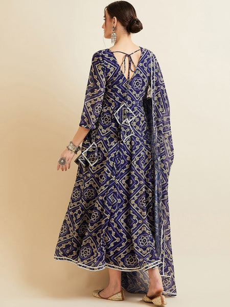 Blue Bandhani Printed V-Neck Anarkali Ethnic Maxi Dress With Dupatta VitansEthnics