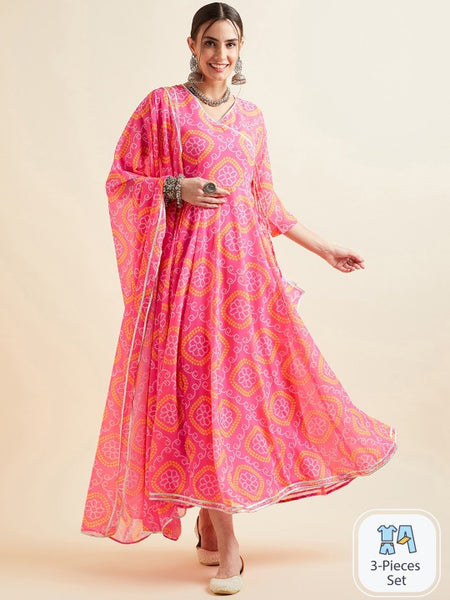 Bandhani Printed V-Neck Anarkali Ethnic Maxi Dress With Dupatta (Copy) VitansEthnics