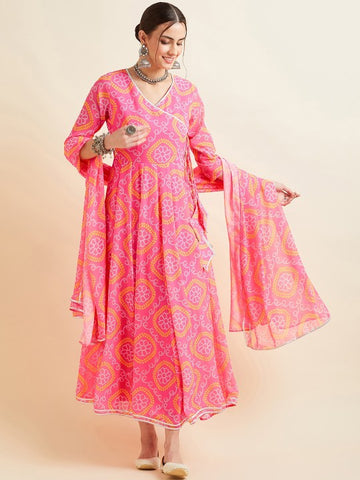 Bandhani Printed V-Neck Anarkali Ethnic Maxi Dress With Dupatta (Copy) VitansEthnics