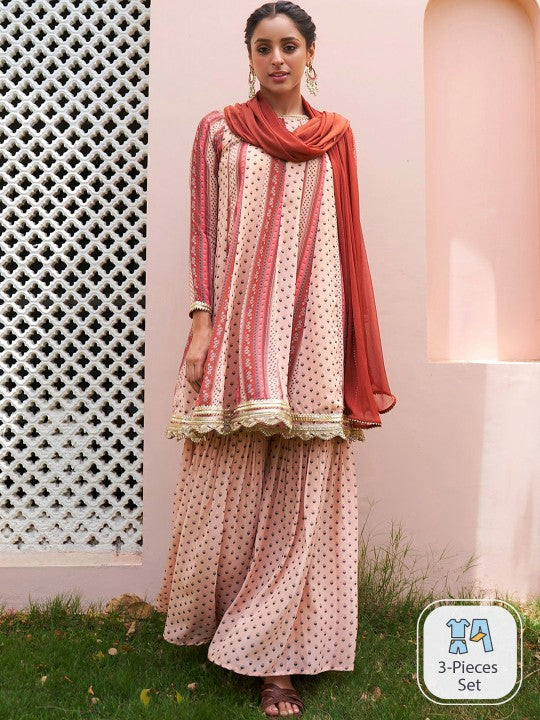 Women Floral Printed Gotta Patti Anarkali Kurta With Sharara & Dupatta Set VitansEthnics