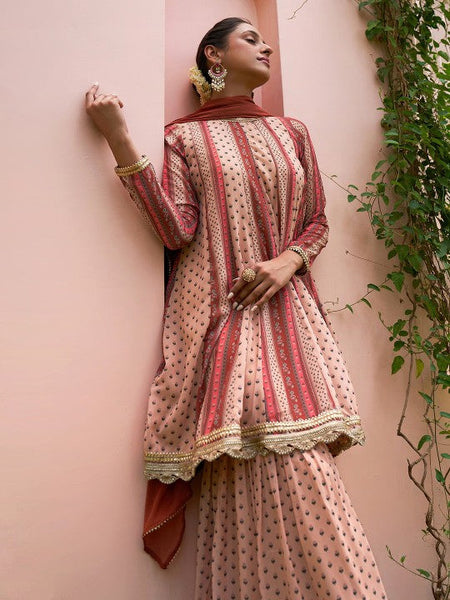 Women Floral Printed Gotta Patti Anarkali Kurta With Sharara & Dupatta Set VitansEthnics