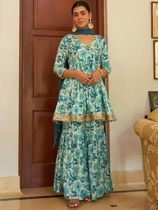 Women Floral Printed Regular Gotta Patti Pure Cotton Kurti with Sharara & Dupatta VitansEthnics