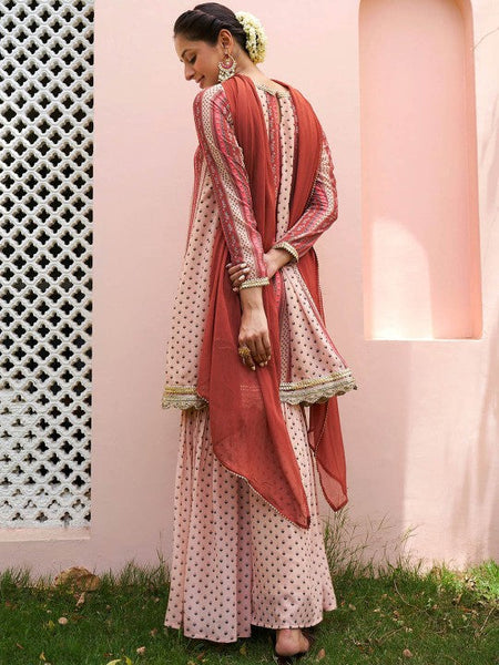 Women Floral Printed Gotta Patti Anarkali Kurta With Sharara & Dupatta Set VitansEthnics