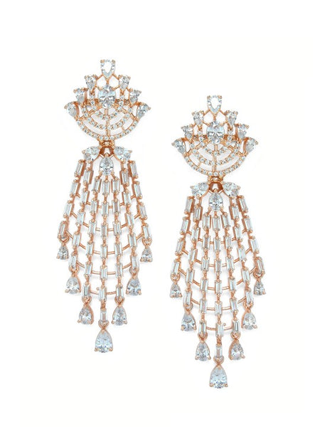 Rose Gold Plated High Quality Cubic Zirconia Studded Floral Drop Earrings VitansEthnics