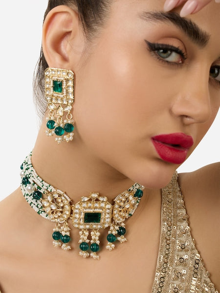 Gold-Plated Kundan-Studded & Beaded Green Choker Jewellery Set VitansEthnics
