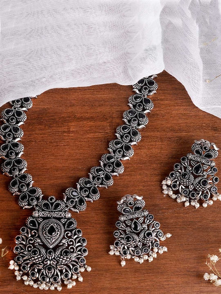 Oxidised Silver-Plated Black Artificial Stones-Studded Vaidehi Jewellery Set VitansEthnics