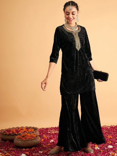 Embroidered Straight Velvet Kurta With Palazzo For Women, Tunic With Palazzo, Indian Dress, Party Wear Indo Western Outfit, Kurti Set VitansEthnics