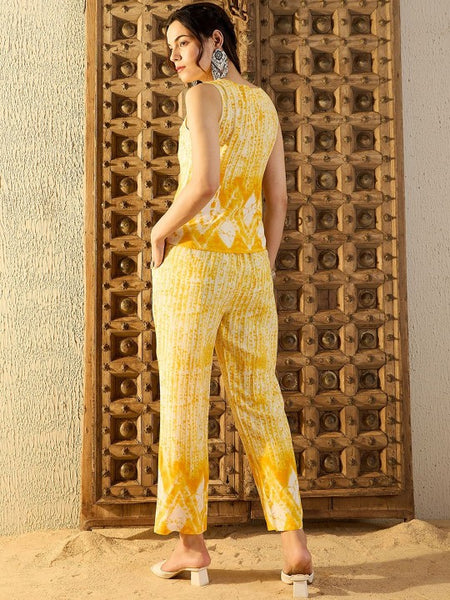 Women Waist Coat and Pants Set in Yellow Tie & Dye Co-ord Sets VitansEthnics