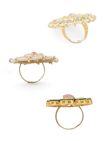 Set of 3 Gold-Plated White Stone Studded Adjustable Finger Rings VitansEthnics