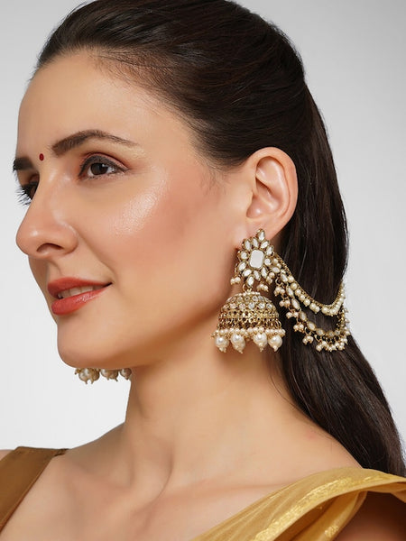 Gold-Plated Dome Shaped Jhumka Earrings With Chain VitansEthnics