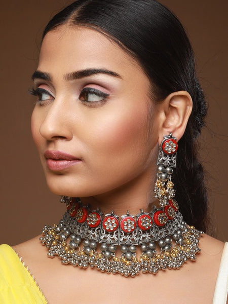 Oxidized Beaded & Kundan studded Choker Necklace With Earrings VitansEthnics