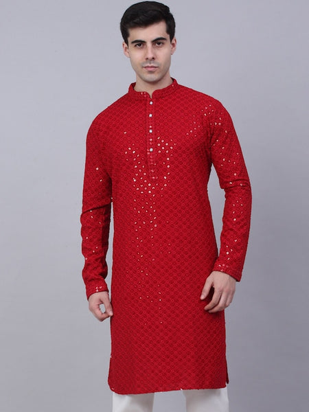 Men Red Geometric Sequin Embroidered Kurta VitansEthnics