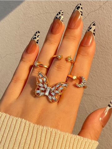 Set Of 5 Gold-Plated White Stone-Studded Butterfly Finger Ring VitansEthnics