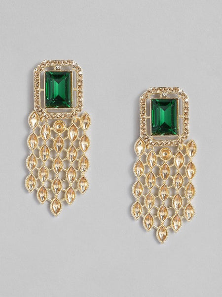 Gold-Plated & Green Handcrafted American Diamond Studded Square Drop Earrings VitansEthnics