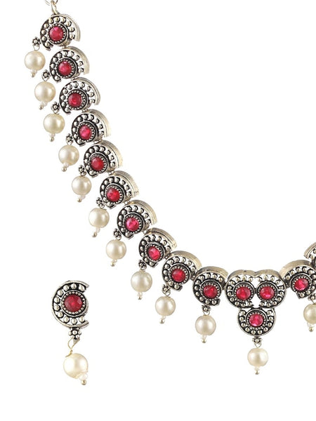 Oxidised Silver-Plated White & Pink Stone-Studded & Pearl Beaded Jewellery Set VitansEthnics