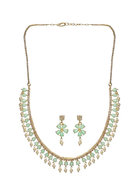 Gold-Plated Mint Green Floral Leaf Jewellery Set VitansEthnics