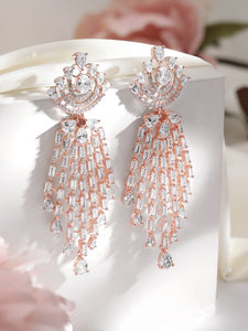 Rose Gold Plated High Quality Cubic Zirconia Studded Floral Drop Earrings VitansEthnics