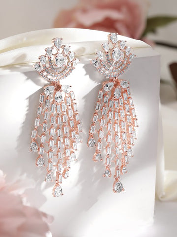 Rose Gold Plated High Quality Cubic Zirconia Studded Floral Drop Earrings VitansEthnics