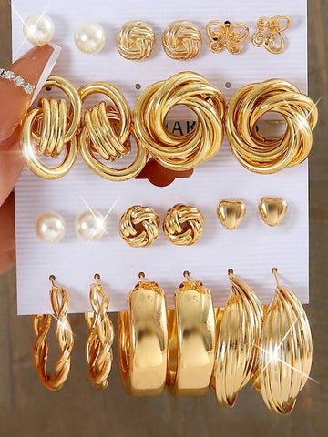 Set Of 11 Gold-Plated Contemporary Stud And hoop Earrings VitansEthnics