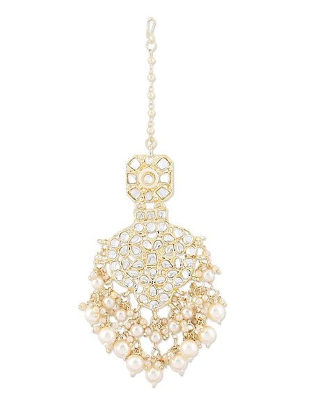 Women Gold Plated Kundan & Pearls Ethnic Choker Necklace Earring Maangtikka & Ring Set Jewellery Set VitansEthnics
