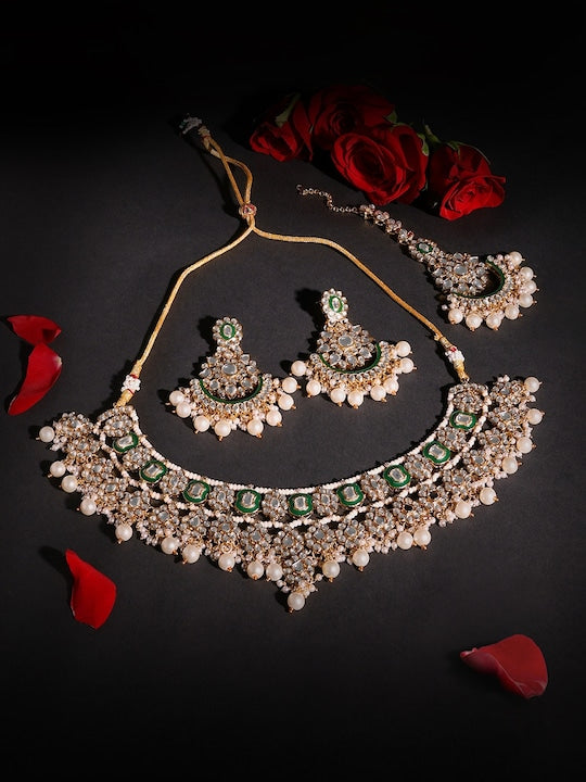 Gold Plated Kundan-Studded & Beaded Necklace And Earrings With Maang Tika VitansEthnics