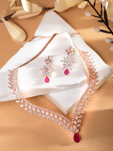Women Rose Gold-Plated Red & White AD Studded Handcrafted Jewellery Set VitansEthnics