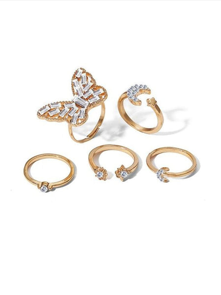 Set Of 5 Gold-Plated White Stone-Studded Butterfly Finger Ring VitansEthnics