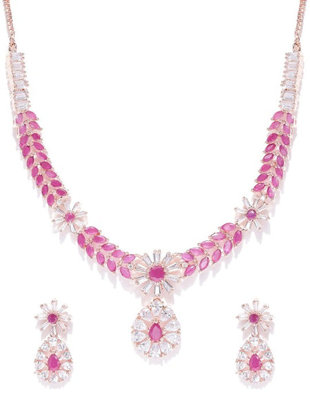Pink & Rose Gold-Toned Silver-Plated American Diamond Studded Jewellery Set VitansEthnics