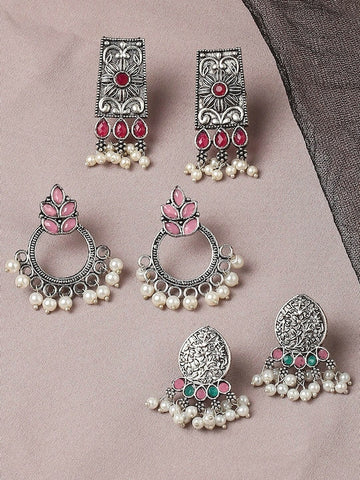 Silver-Toned Floral Set Of 3 Jhumka Earrings VitansEthnics