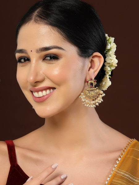 Gold Plated Classic Pearl Studded Chandbali Earrings VitansEthnics