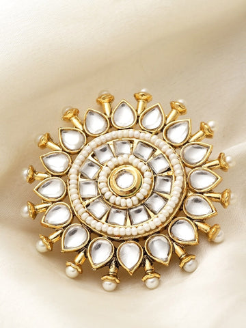 Gold-Plated Kundan-Solitaire Studded Pearl Beaded Finger Ring VitansEthnics