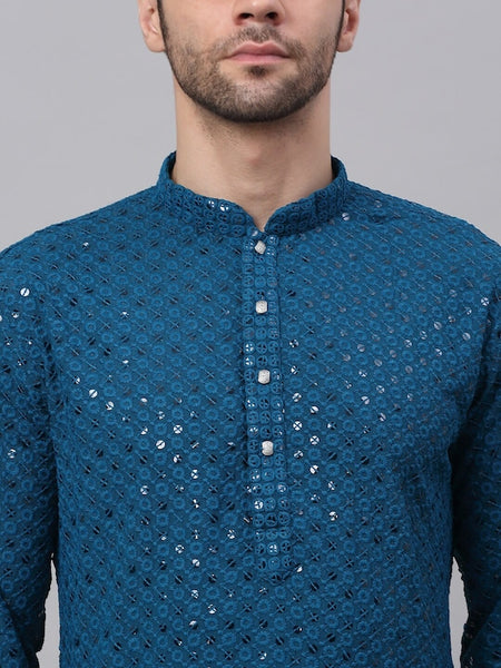 Men Teal Geometric Sequin Embroidered Kurta VitansEthnics